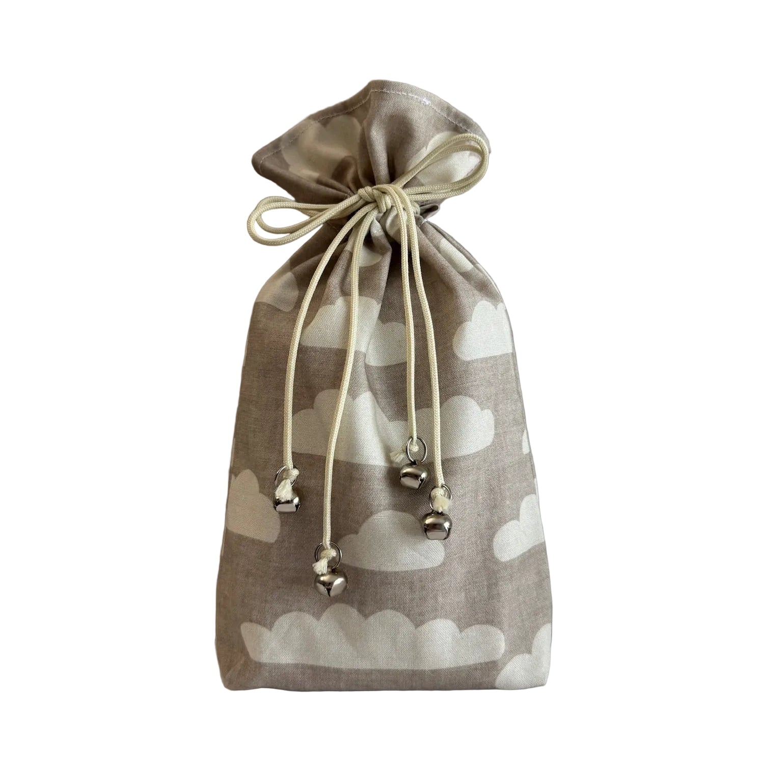 Beige drawstring bag with cloud pattern on a white background