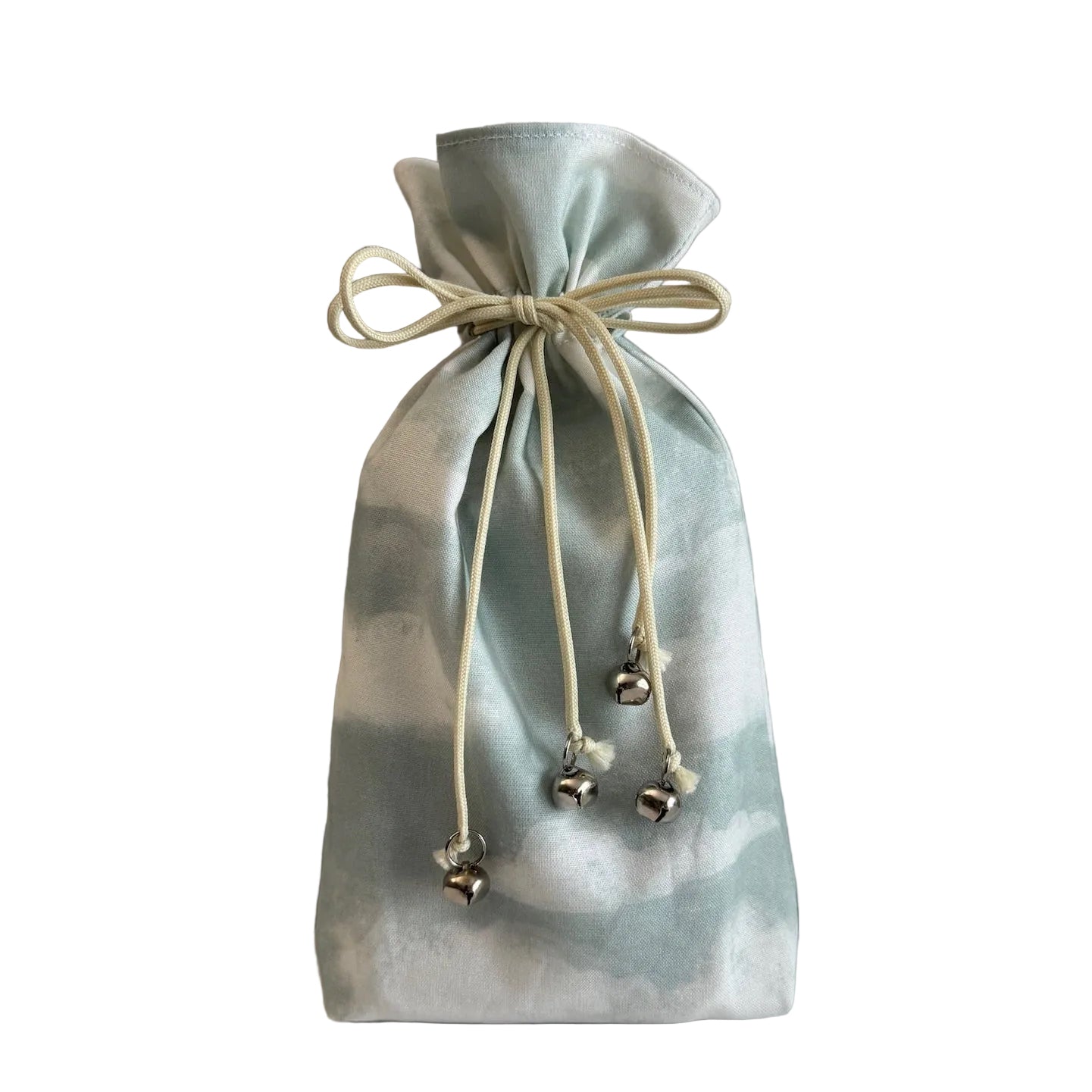 Light blue drawstring bag with white cloud print on a white background