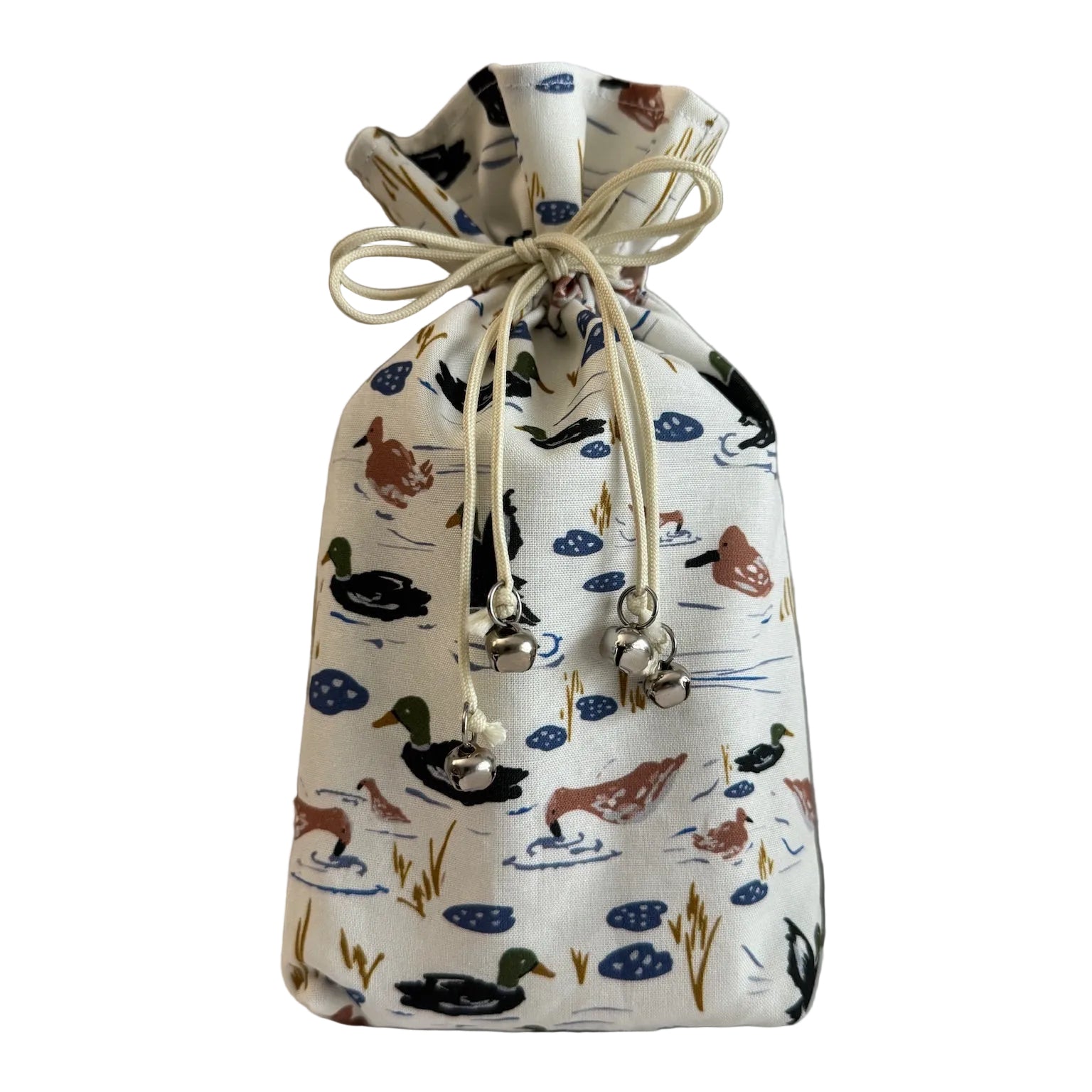 Drawstring bag with duck pattern on a white background