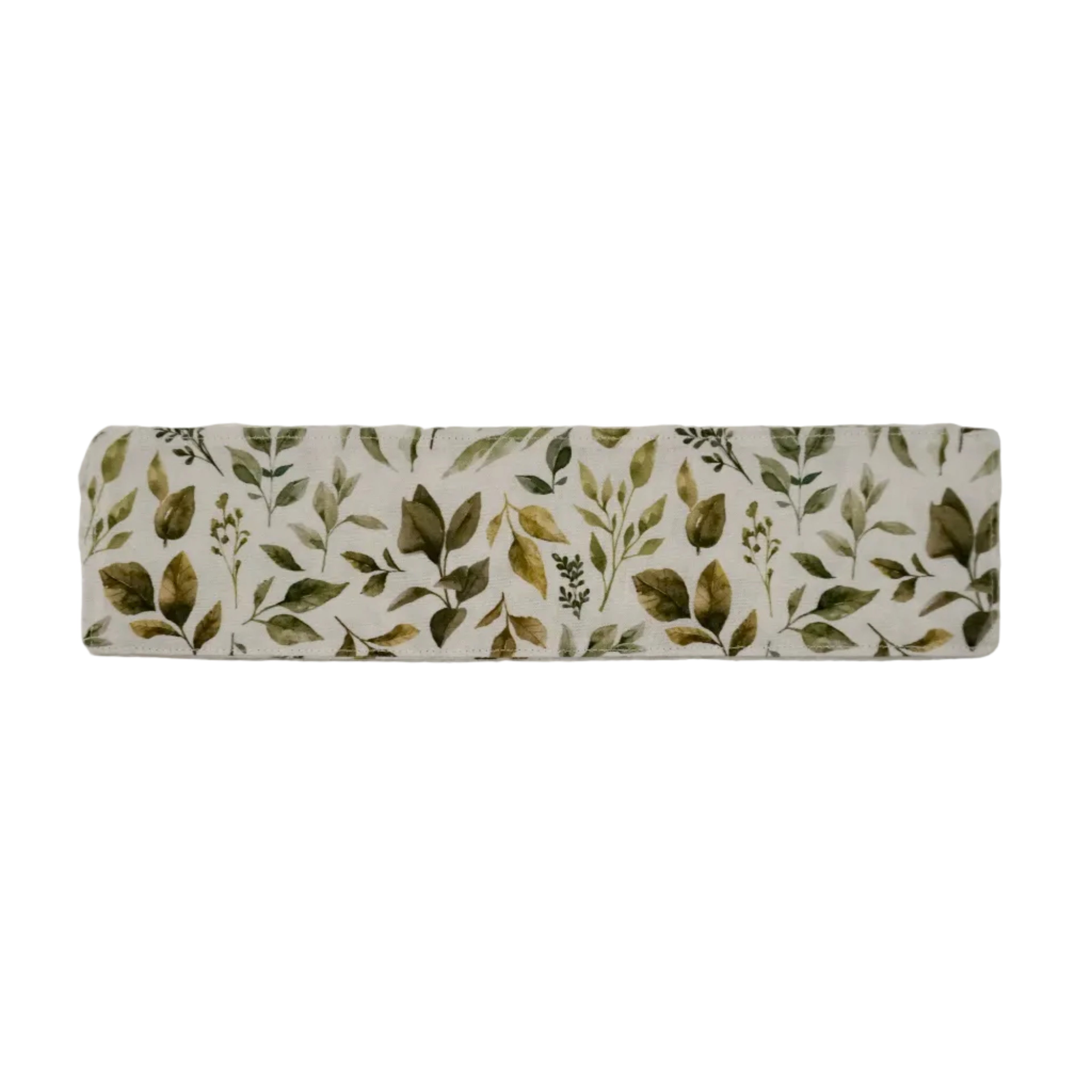Off-white bookmark with a leaves pattern in varying shades of green on a white background.