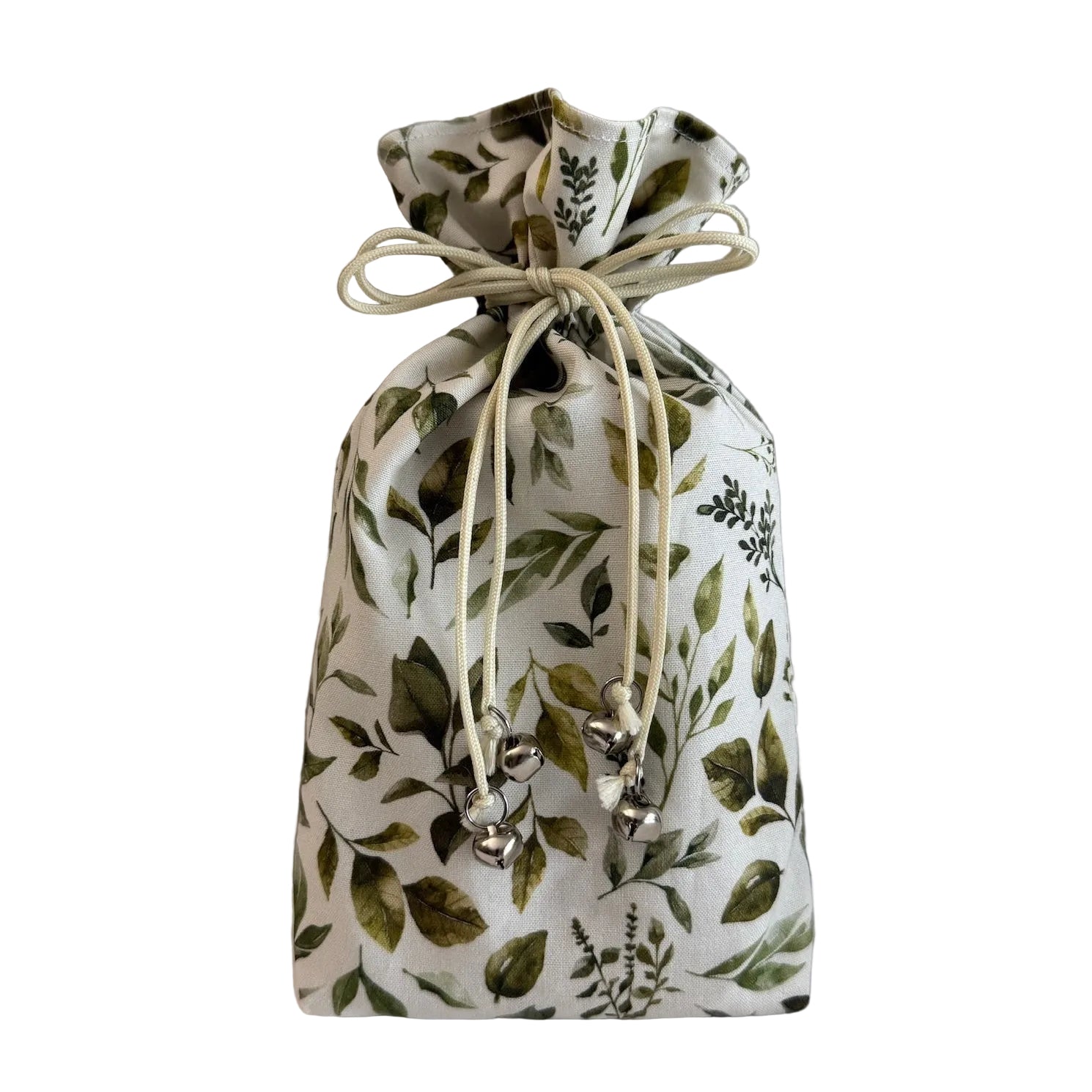 Fabric drawstring bag with green leaf pattern on a white background