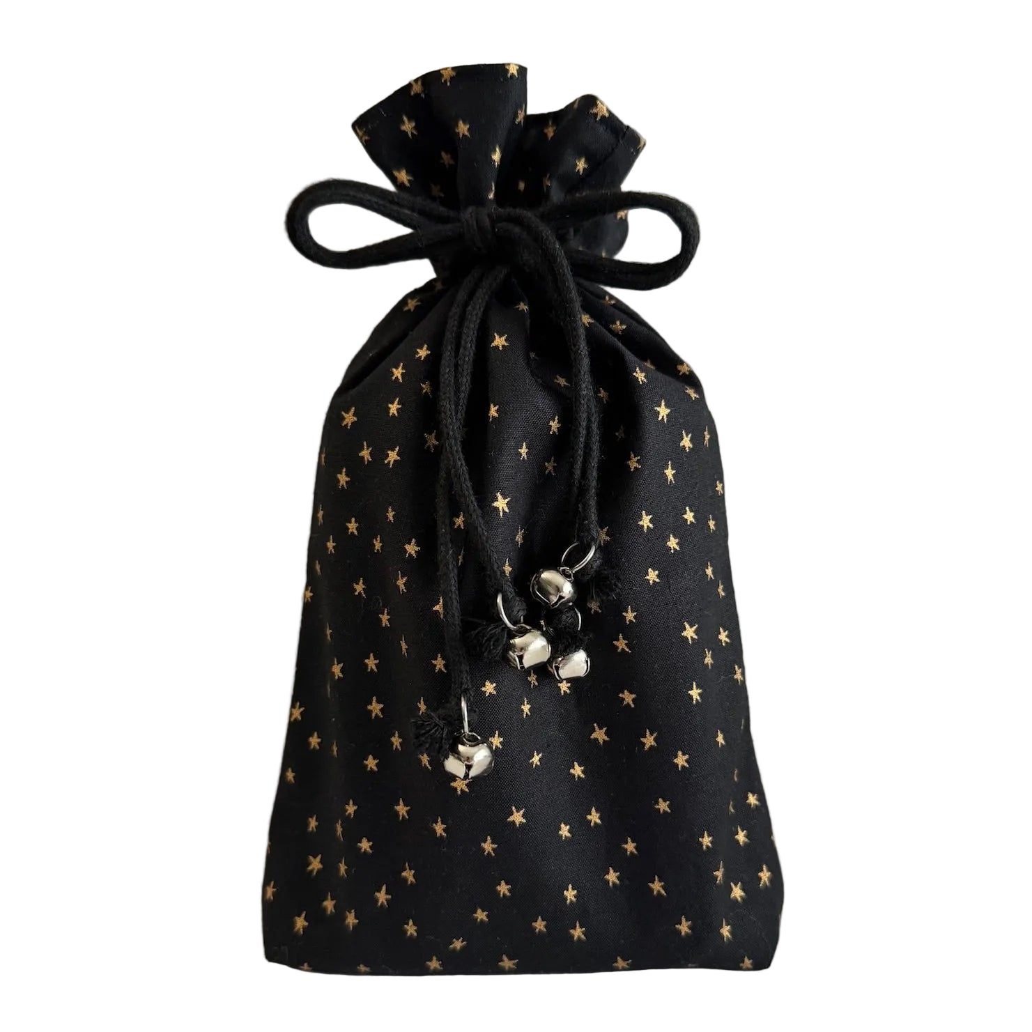 Black drawstring bag with shimmery gold star pattern on a white background