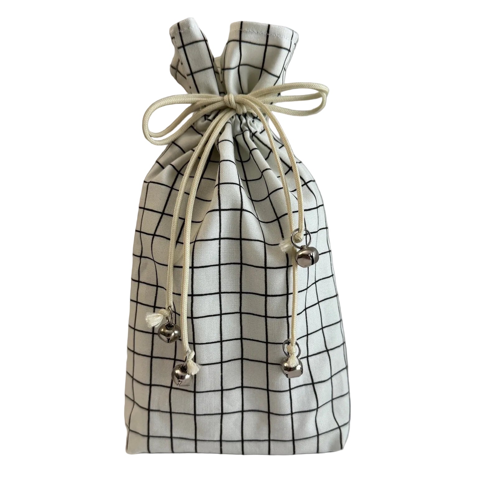 Fabric drawstring bag in white with black grid pattern on a white background