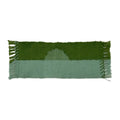 Green and blue woven bookmark with a half moon design on a white background.