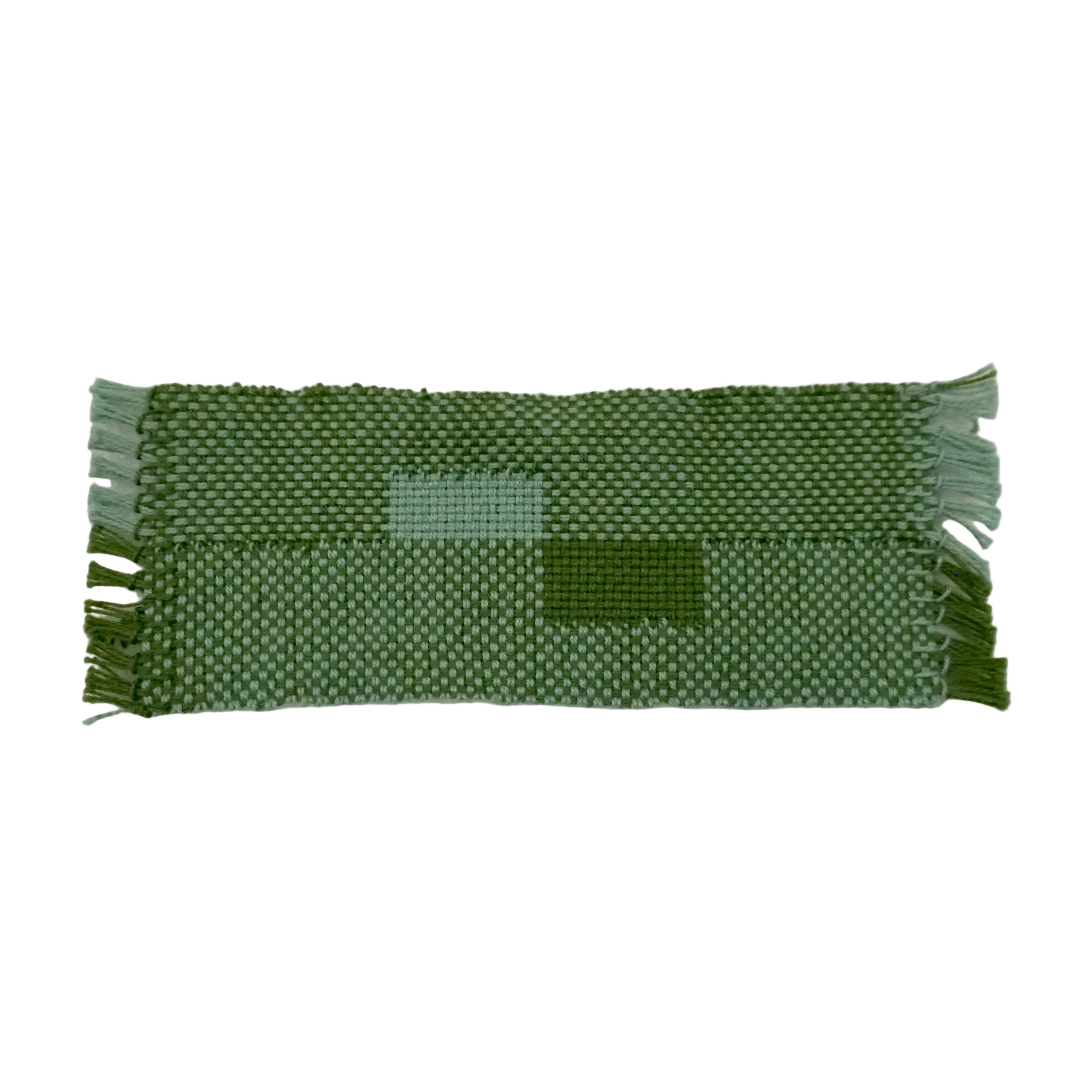 Blue and green woven bookmark with a rectangle pattern on a white background.