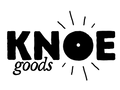 Black KNOE Goods logo featuring a hand drawn, bold font with a starburst around the letter O.