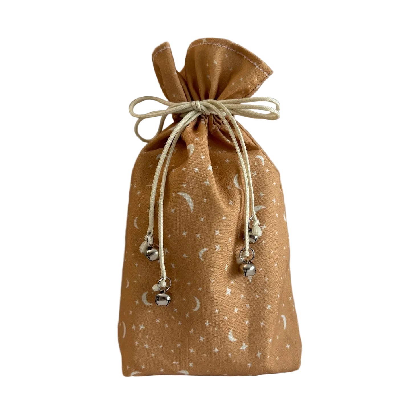 Rusty orange drawstring bag with moon and star pattern on a white background