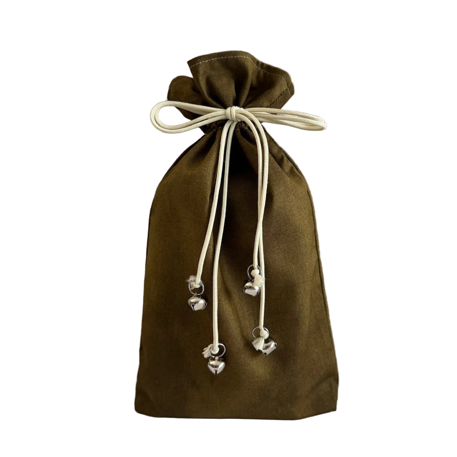 Brown drawstring bag with silver bells on a white background