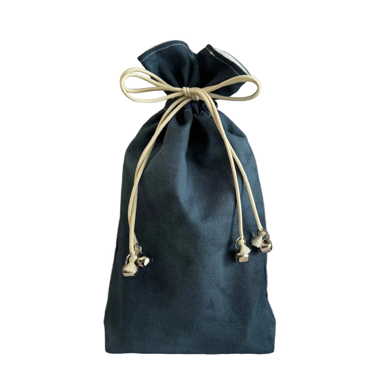 Mottled navy blue drawstring bag on a white background