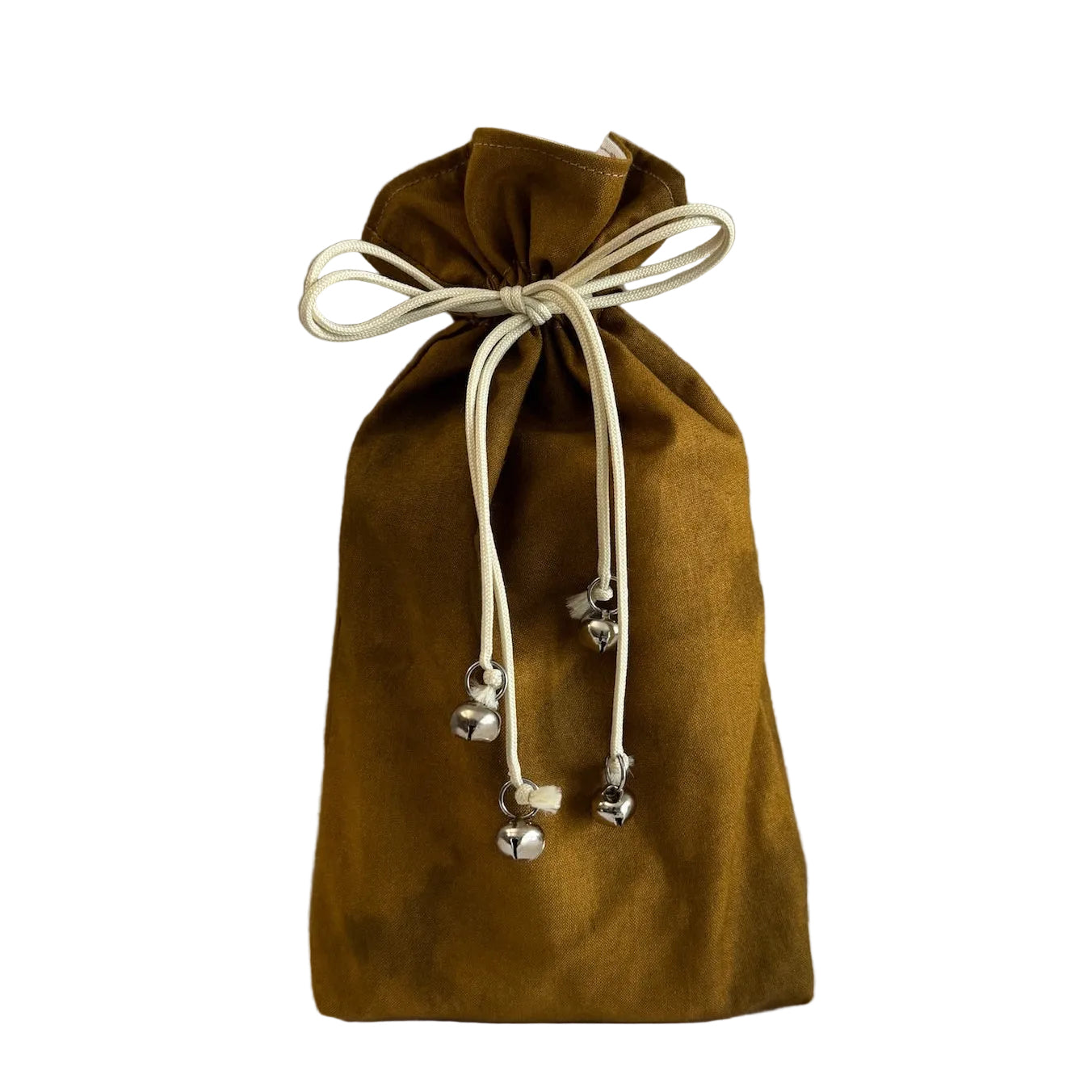 Mottled brown drawstring bag on a white background