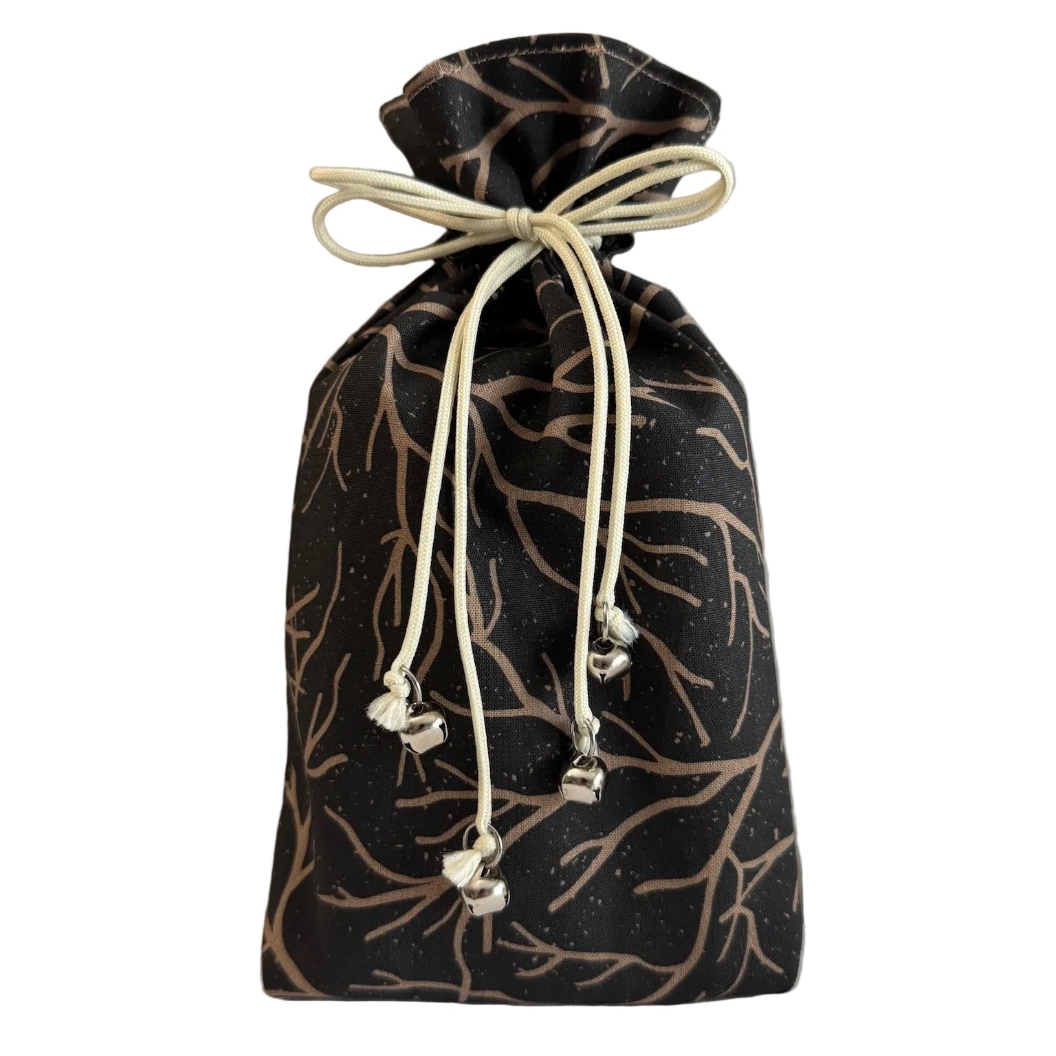 Charcoal colored drawstring bag with beige branch pattern on a white background