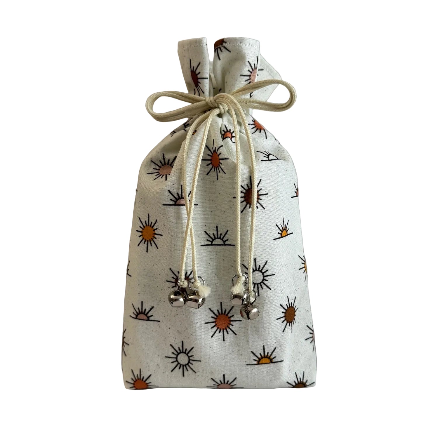 Fabric drawstring bag with sun pattern on a white background
