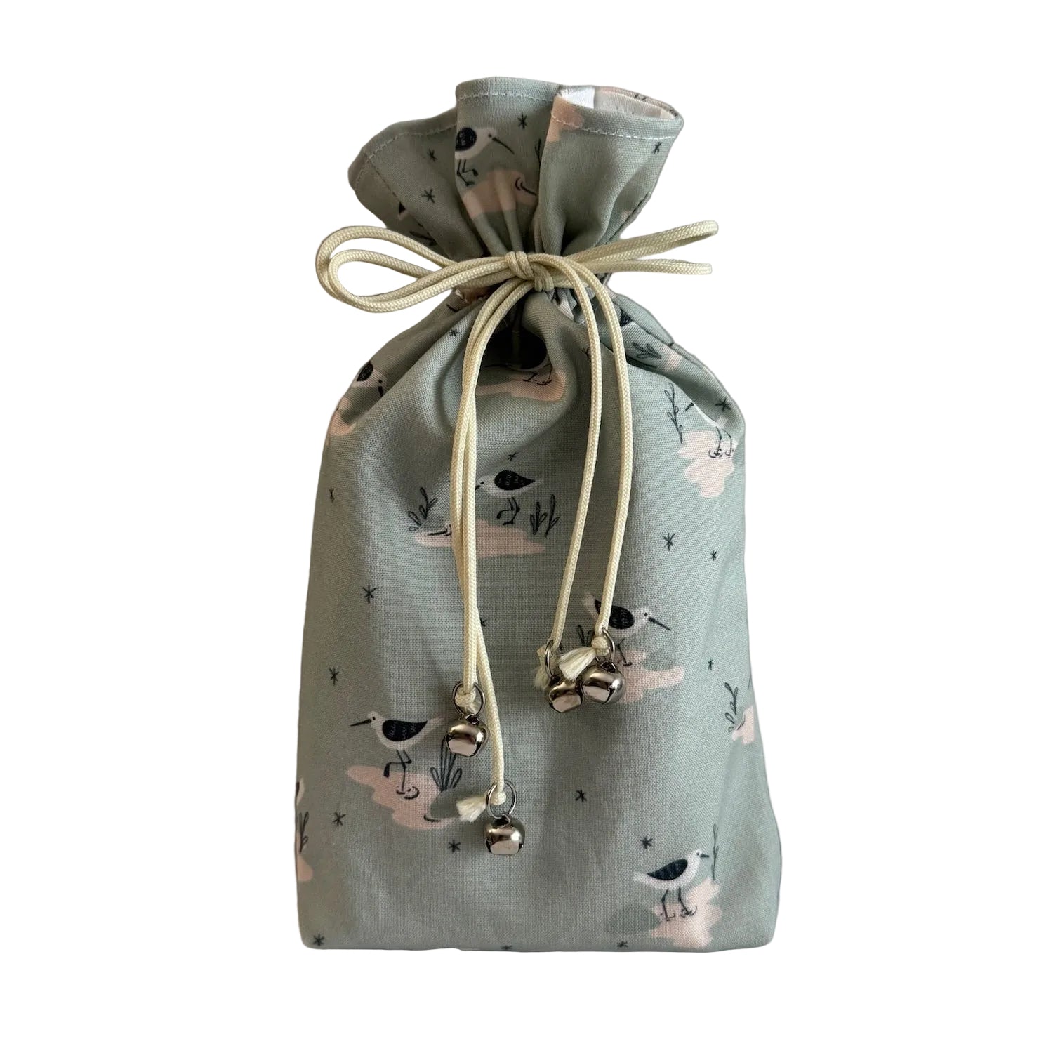 Fabric drawstring bag with a blue shore bird pattern on a white background