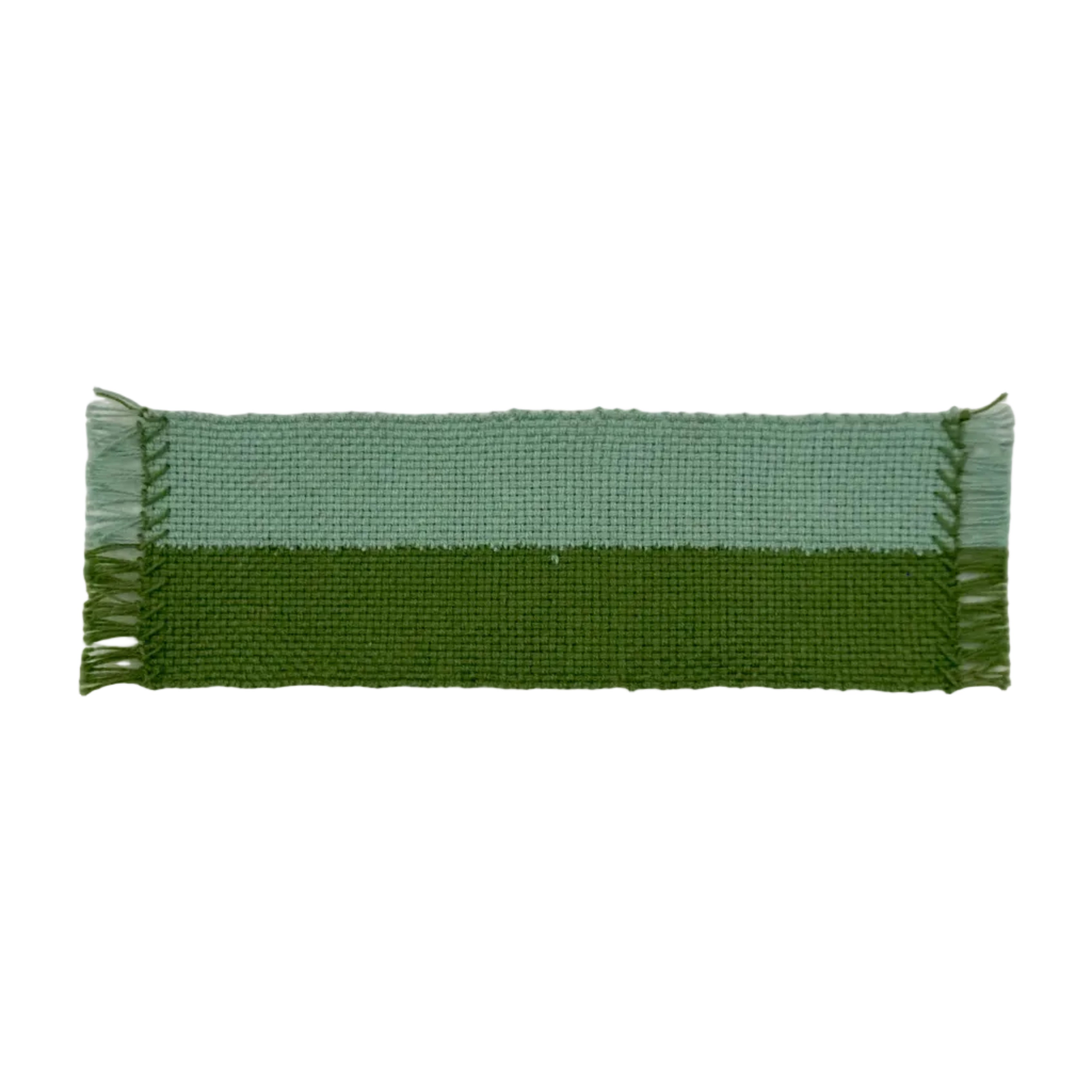 Blue and green woven bookmark with a stripe design on a white background.