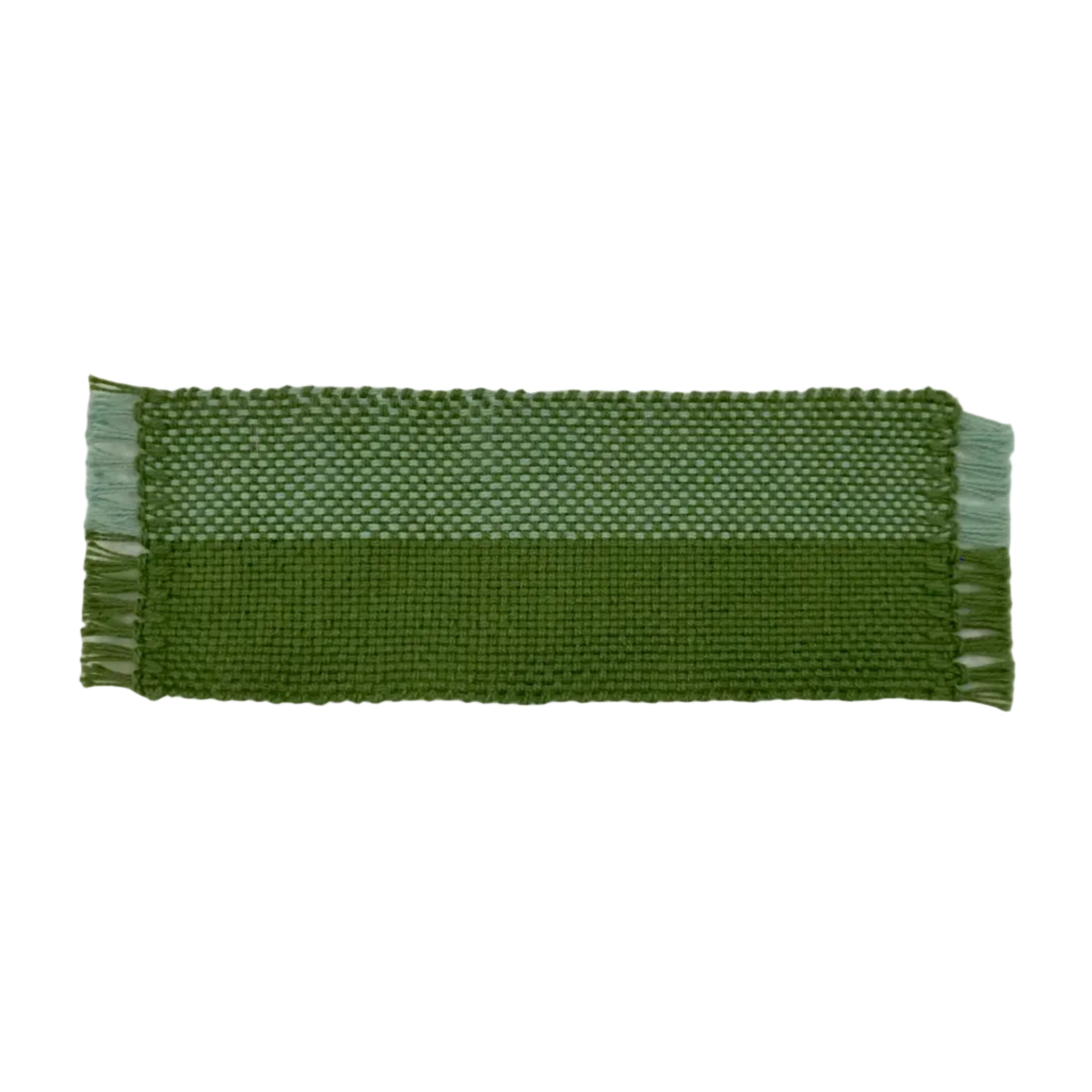 Blue and green woven bookmark with a stripe design on a white background.