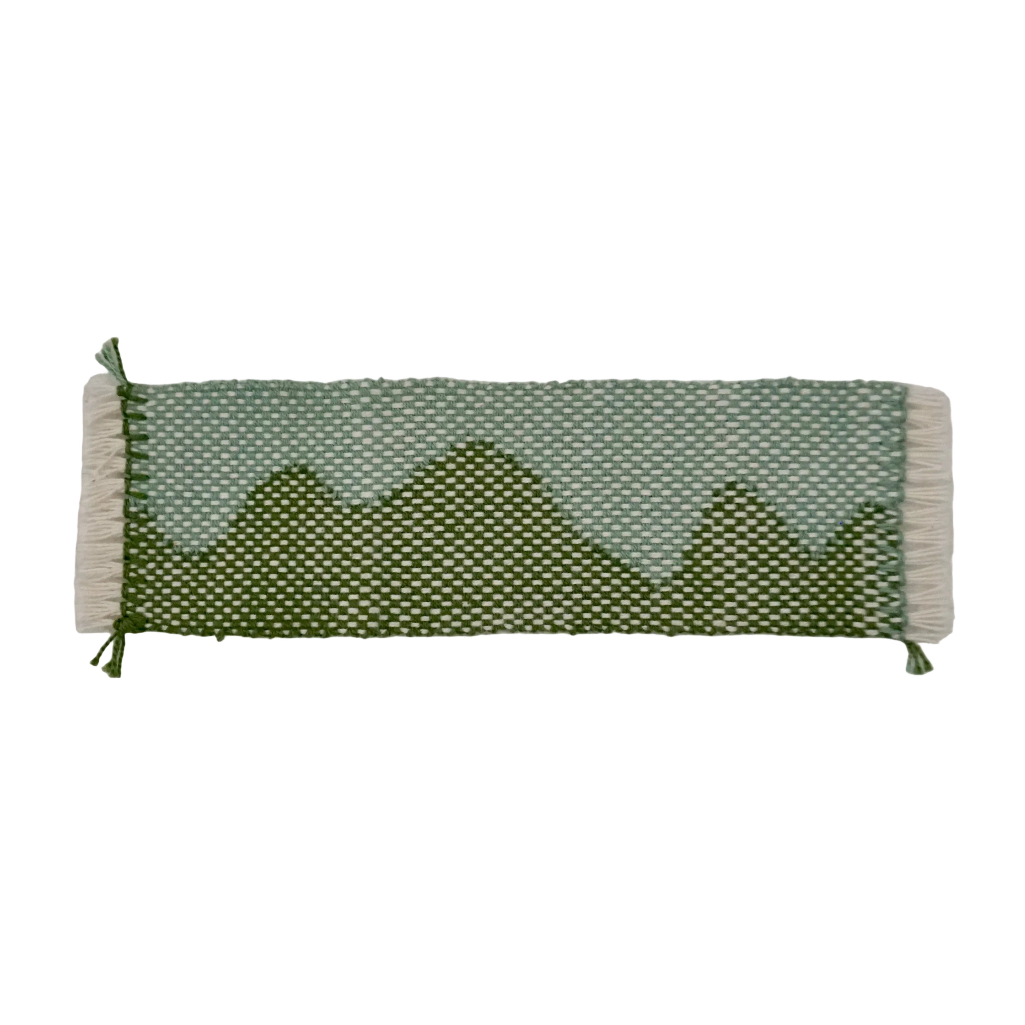 A blue, green, and white woven bookmark with a wave design on a white background.